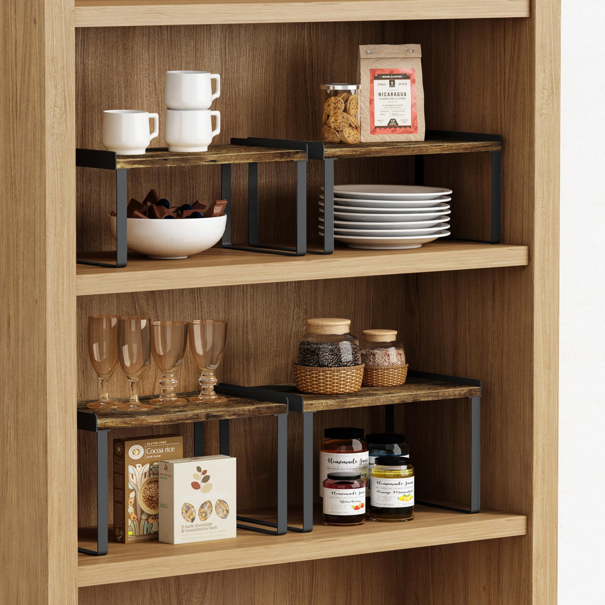 Goozii Kitchen Cabinet Organizers and Storage Shelves, Rustic Farmhouse Desk Shelf Riser for Cabinets, Black Expandable Corner Glasses Medicine Cabinet Organizer under Bathroom Sink - Set of 4 Goozii