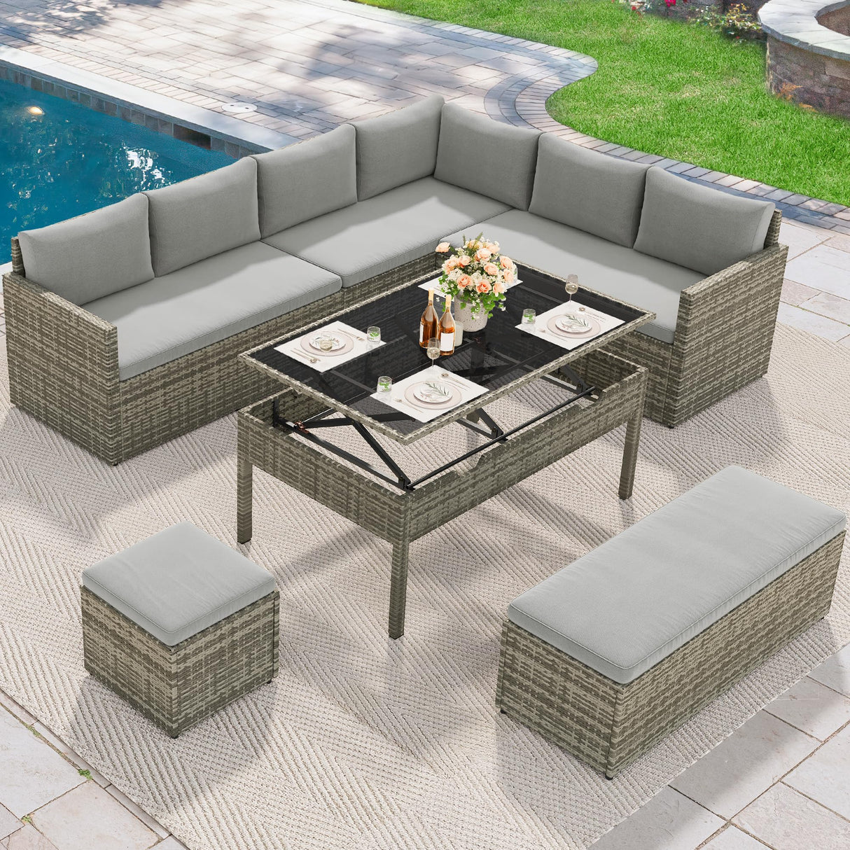 YITAHOME 6-Piece Patio Furniture Set, All-Weather Wicker Outdoor Sectional Sofa with Lift-Top Table & Ottoman, Patio Conversation Set for Deck, Backyard, Porch - Gray Gradient YITAHOME