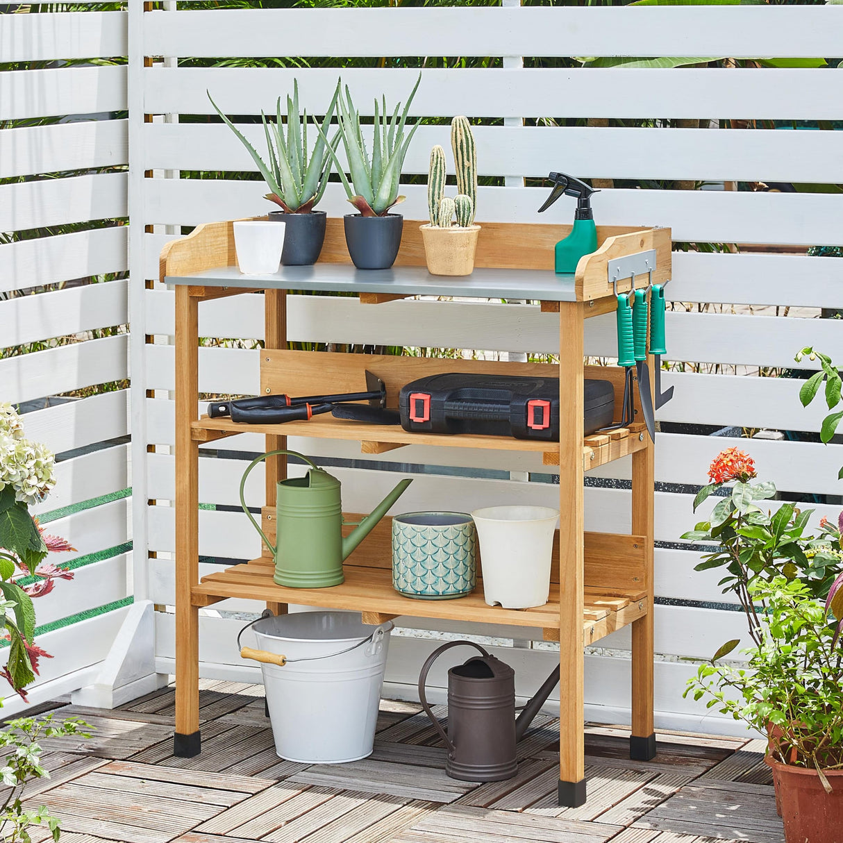 Topeakmart Potting Bench Table w/Metal Tabletop for Garden, Fir Wood Workstation w/3 Tier Shelves, Outdoor Work Bench w/Hook Natural Wood Topeakmart