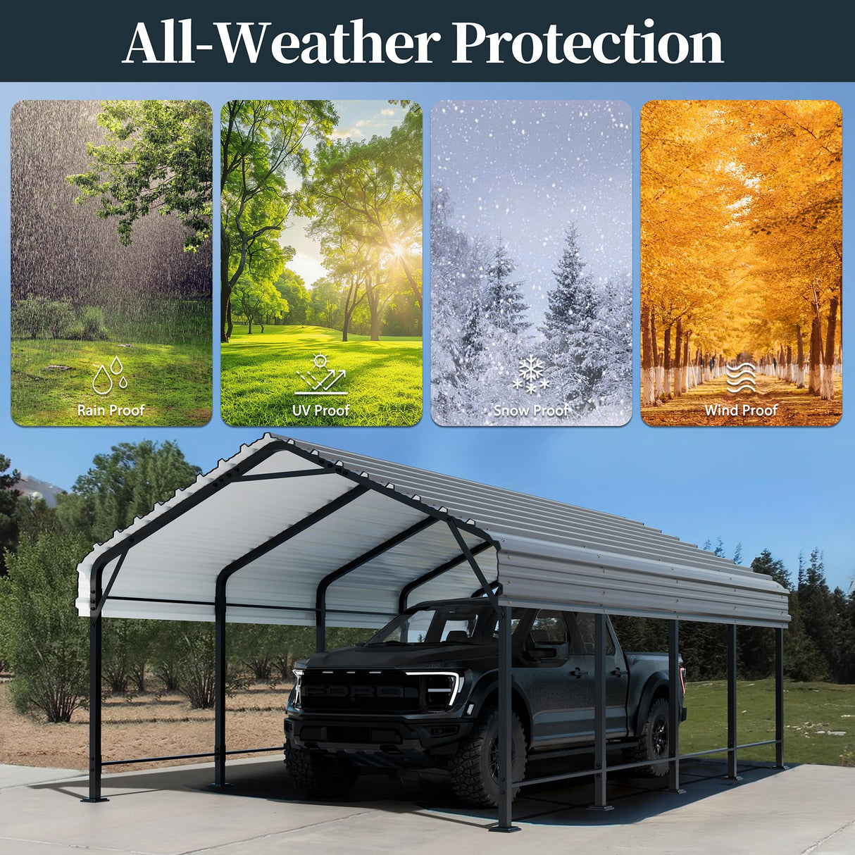 SUNLEI 12'x15'x8.5' Metal Carport, Heavy Duty Metal Carport Canopy with Galvanized Steel Roof and Frame, Permanent Garage for Pickup, Bass Boat, Trucks, Car and Tractors SUNLEI