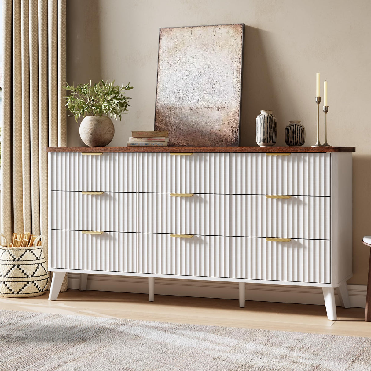 Garvee 9 Drawers Dresser for Bedroom, 60.6" Wide Dressers with Curved Profile Design, Fluted Wood Drawers with Gold Handle, Modern Chest of Dressers with Thickened Design for Living Room, White Garvee