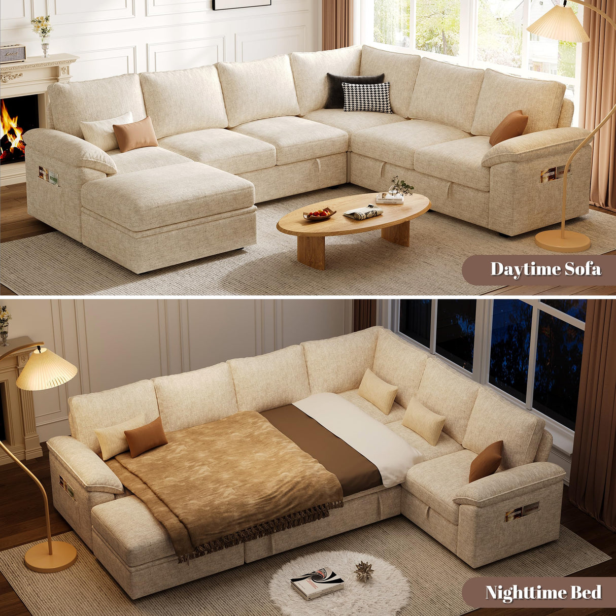 SUAWY 108 Inch Modular Sectional Sofa with Pull Out Bed,U Shaped 7 Seat Sectional Sleeper Sofa with Storage,Sectional Couches for Living Room,Cloud Modular Couch,Removable Sofa Cover,Beige SUAWY