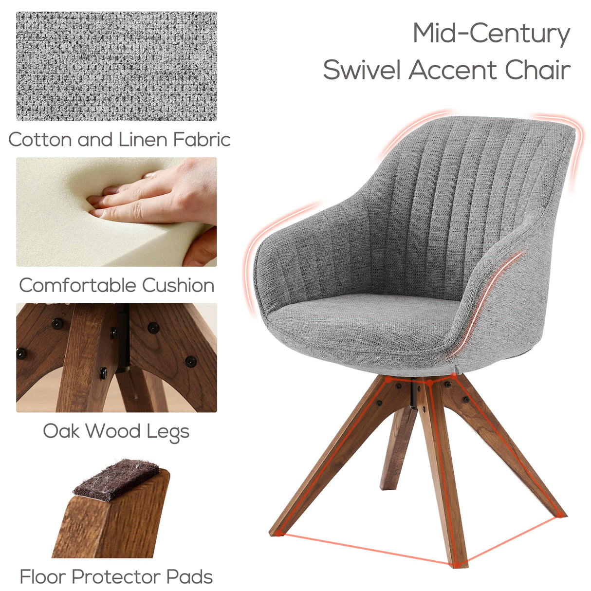 Art Leon Desk Chair - Mid Century Modern Office Chair No Wheels, Swivel Accent Chair with Oak Wood Legs, Fabric Upholstered Arm Chair, Gray Art Leon