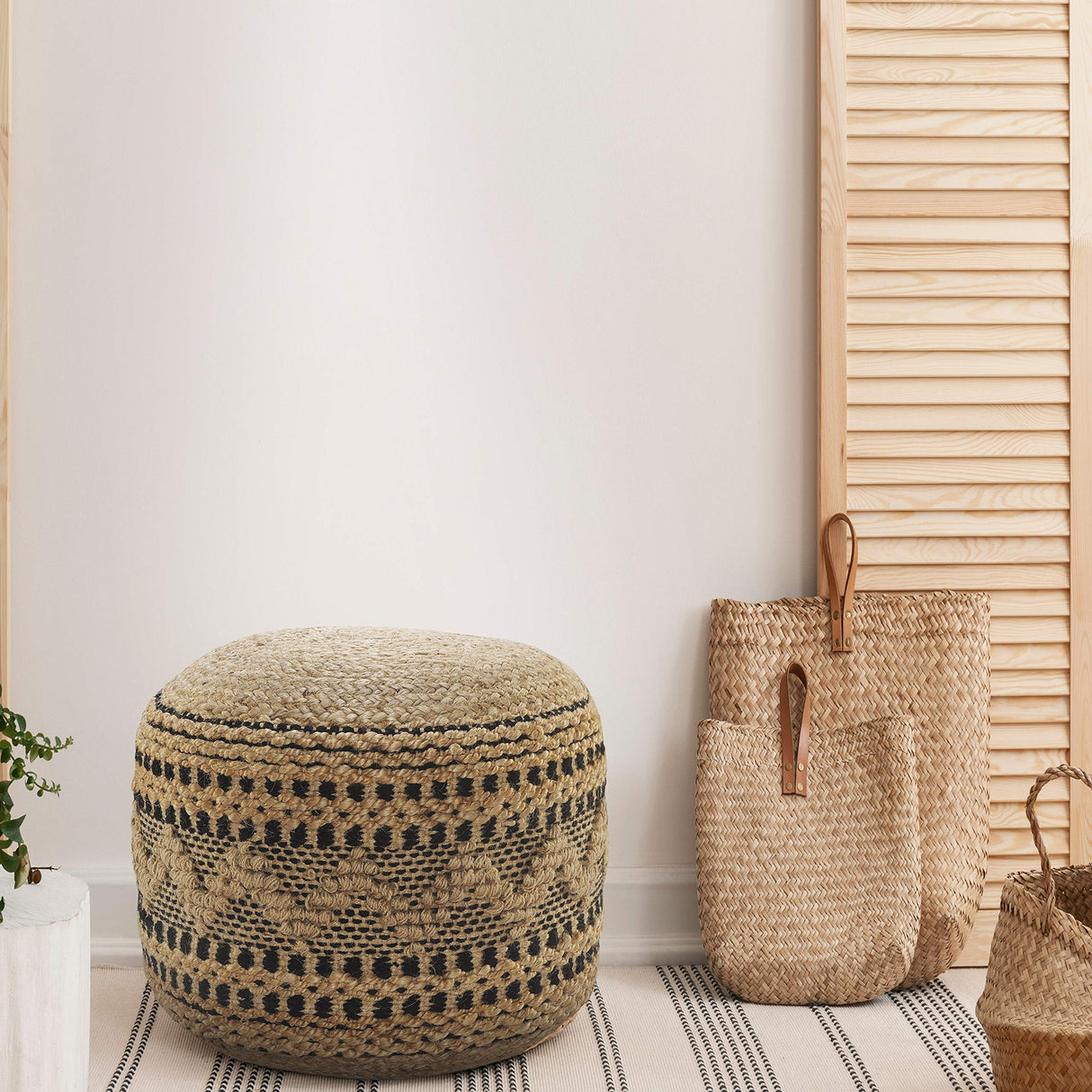 LR Home Tan/Black Round Ottoman Pouf for Home Decor | Striped Hand-Woven Jute Cotton Blend Round Pouf Ottoman Footrest for Bedroom & Living Room Decor | 18" X 18"W X 14"H L.R. Resources Inc