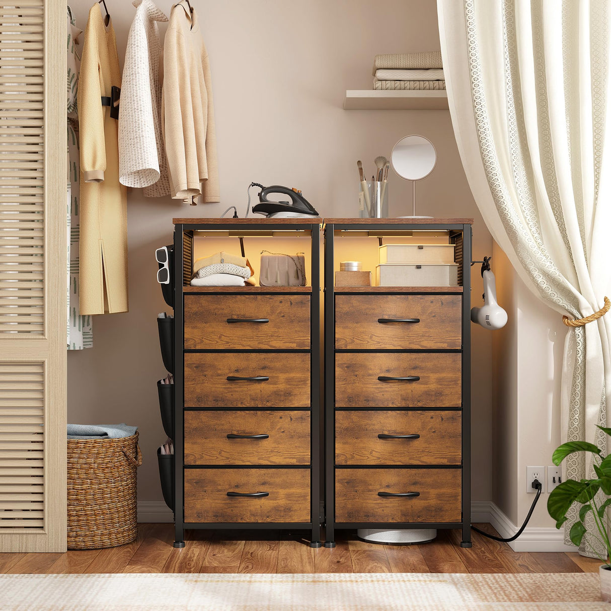 EnHomee Nightstand Set of 2, Night Stand with Charging Station & LED, Bedside Table with Fabric Drawers and Storage Shelf, Sturdy Steel Frame, Wood Top, Cloth Bags, Hooks, Brown EnHomee