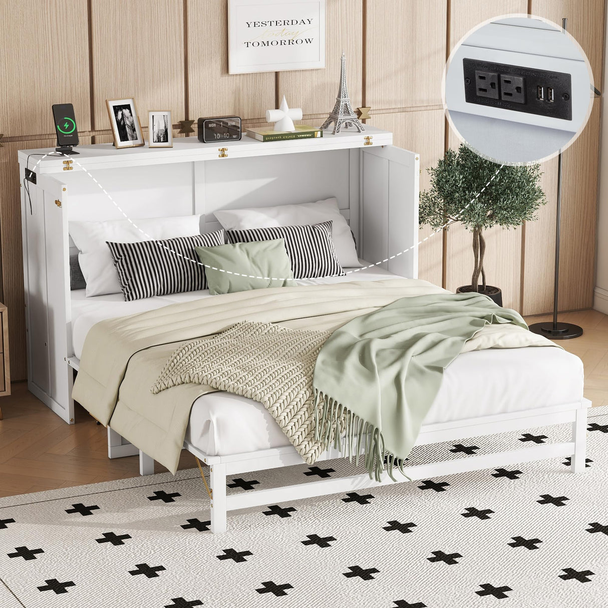 KEIKI Queen Size Cabinet Murphy Bed with Charging Station and Drawers, Multiple Storage Foldable Hideaway Wall Murphy Bed Frame with Solid Slat, No Box Spring Needed, Easy Assembly, for Bedroom, White KEIKI