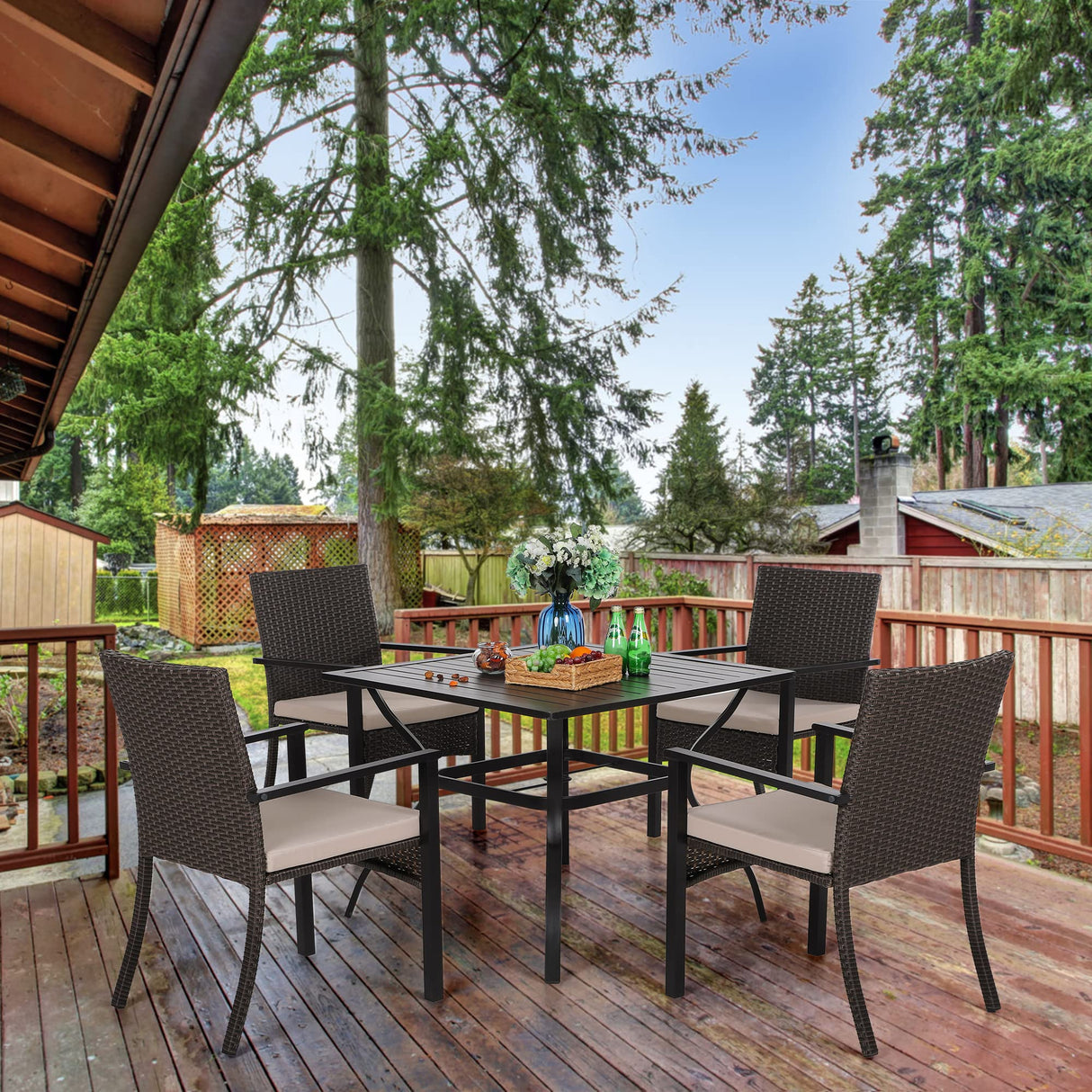 PHI VILLA 7 Pieces Patio Dining Set for 6, 65” Wood-Like Metal Steel Dining Table & Rattan Wicker Chairs with Cushions, Large Dining Furniture Set for Outdoor Deck, Yard, Porch PHI VILLA