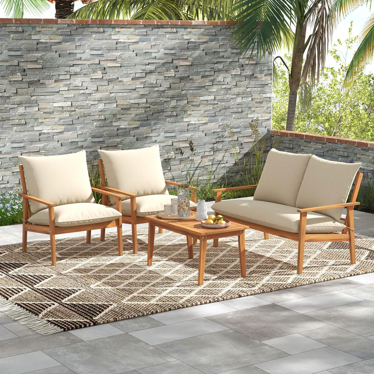Tangkula 4 Pieces Patio Furniture Set, Outdoor Acacia Wood Conversation Set with Soft Cushions and Coffee Table, Outdoor Sectional Sofa Set for Lawn, Garden, Backyard and Poolside (1, Natural) Tangkula