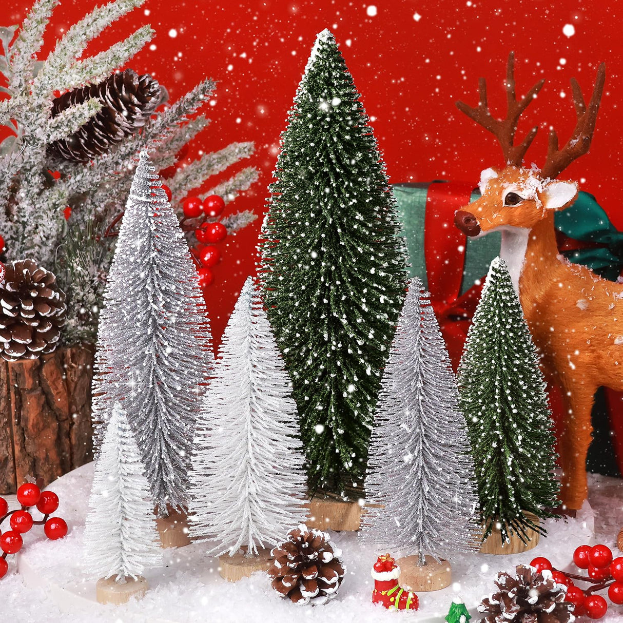 6pcs Mini Christmas Trees Christmas Decor, Artificial Christmas Mini Bottle Brush Trees Tabletop, Christmas Decoration Trees with 4 Size Xmas Holiday Decor (6pcs Green+Silver+White) KPX