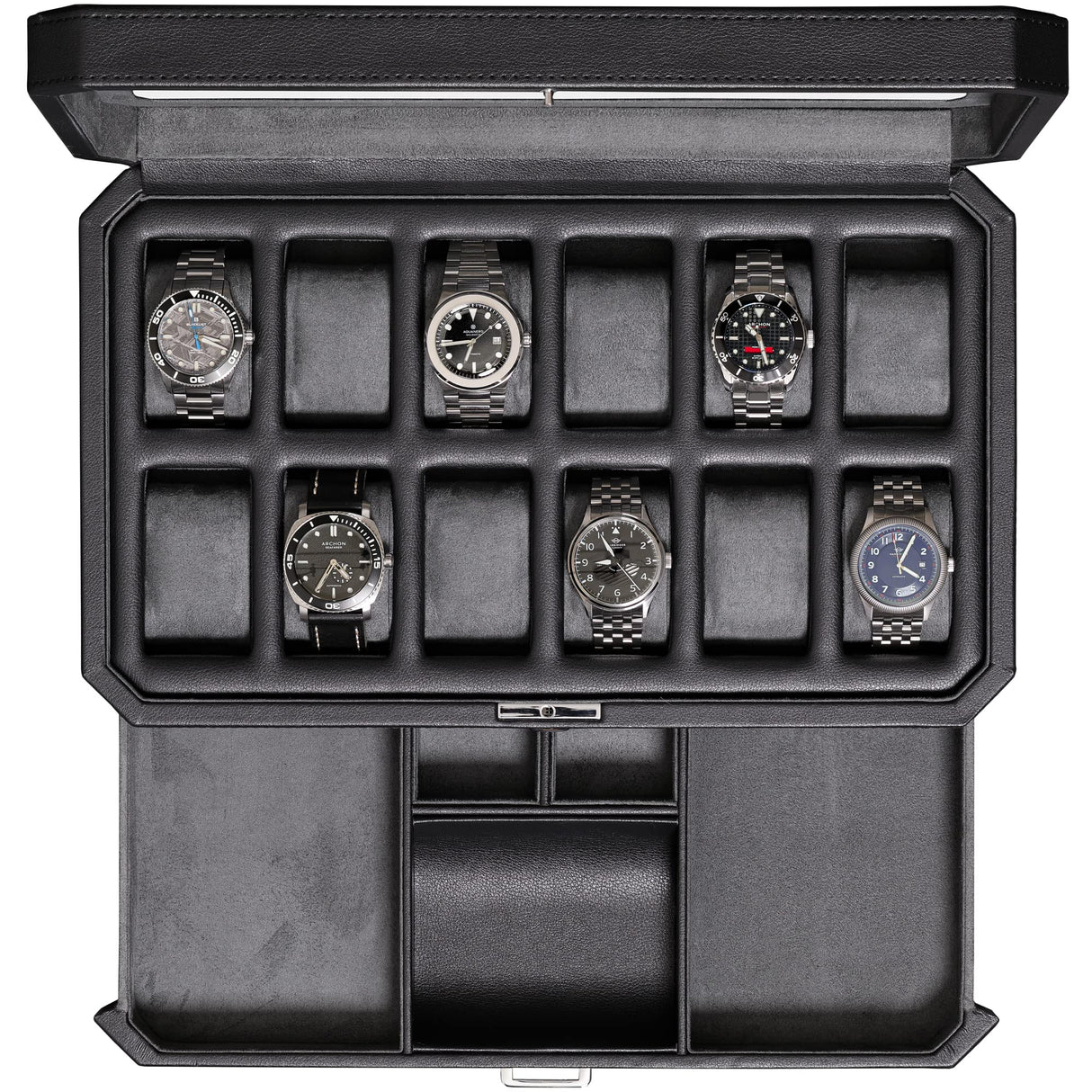 ROTHWELL 12 Slot Leather Watch Box with Valet Drawer - Luxury Watch and Jewelry Case Display Organizer, Microsuede liner, Mens Locking Storage Holder Large Glass Top (Black/Grey) ROTHWELL