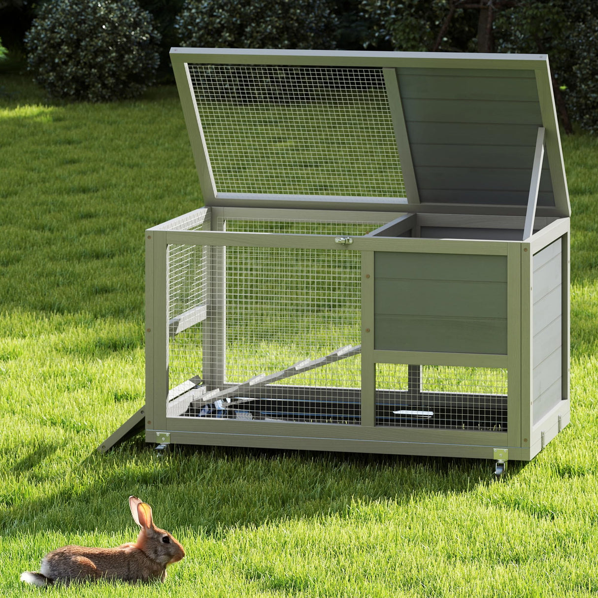 Wooden 36Inches Rabbit Hutch Indoor with Wheels Bunny Cage Outdoor Durable Wide Space Rabbit Cage with Tray, Openable Roof, Anti-Slip Ramp for Small Bunny Rabbit (Grey) Nyeekoy