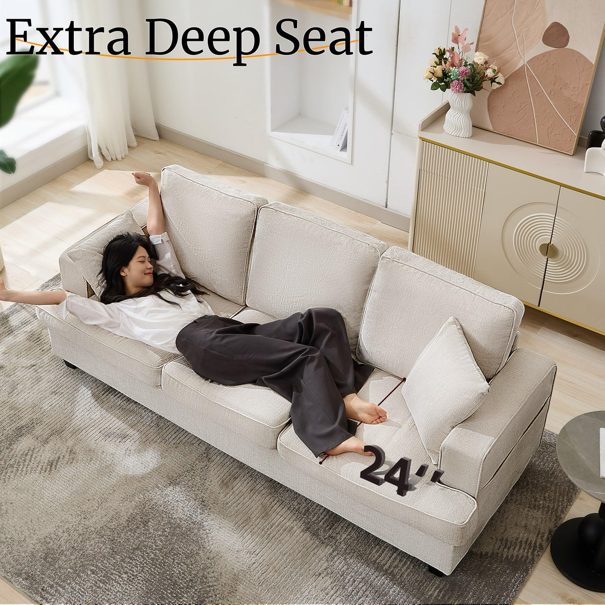 Couches for Living Room, 89 inch Cloud Couch Sofa in Chenile with Extra Comfy Soft Deep Seats, Modern 3 Seater Sofas for Living Room Bedroom Office Apartment, Beige Korser