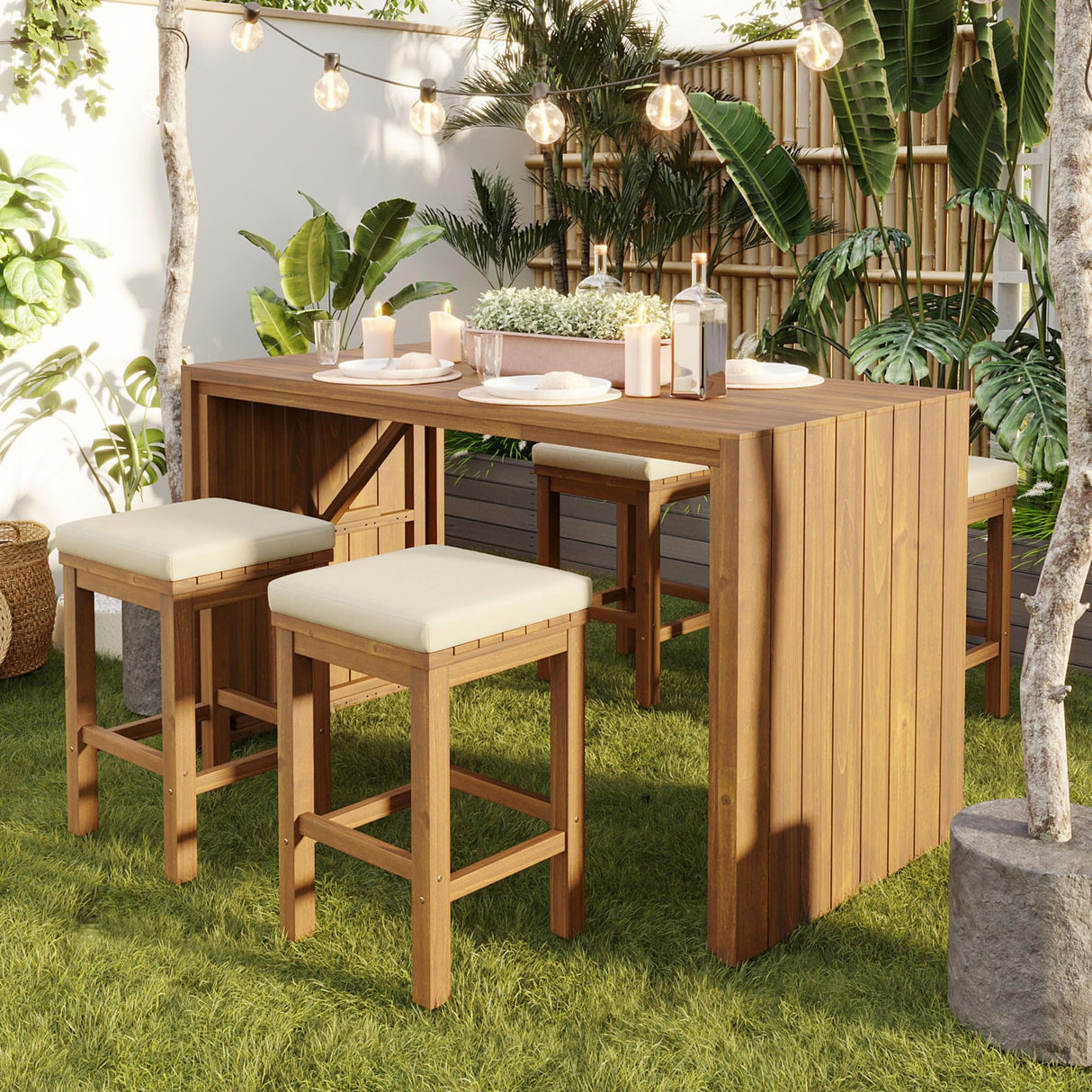 VilroCaz 5-Pieces Outdoor Patio Counter Height Dining Set, All-Weather Acacia Wood Bar Set with 4 Stools and Cushions for Backyard, Poolside, Balcony VilroCaz