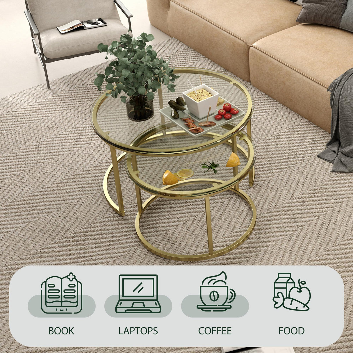 Furnivado 31.5" Nesting Coffee Table Set of 2, Round Nesting Coffee Tables with Tempered Glass Top, End Tables with Metal Frame for Living Room, Bedroom, Transparent Glass Furnivado