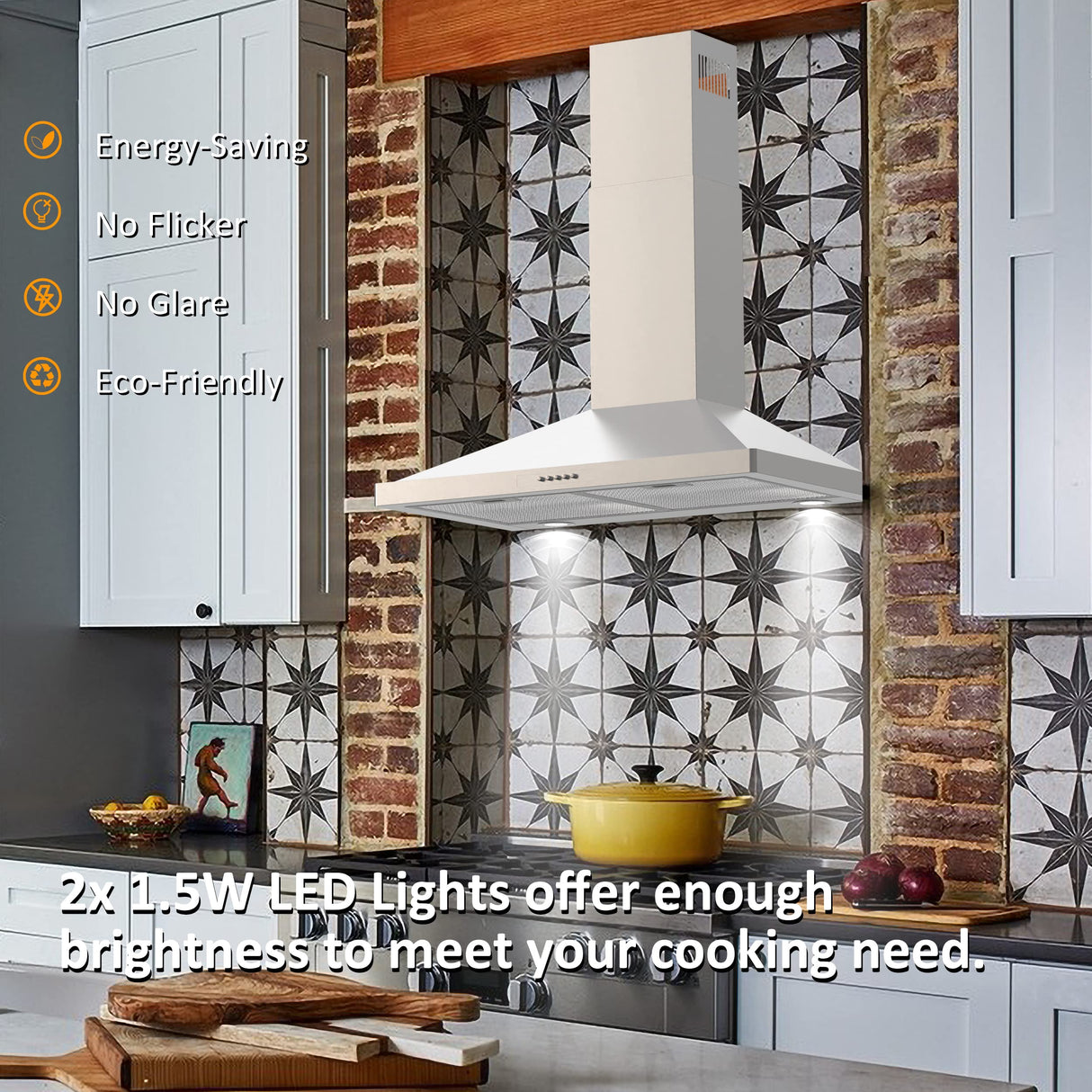 FIREGAS Wall Mount Range Hood 30 inch, 400 CFM Stainless Steel Stove Vent Hood with 3 Speed Exhaust Fan, Ducted/Ductless Convertible Duct kitchen hood, LED Lights, Push Button, Charcoal Filters FIREGAS