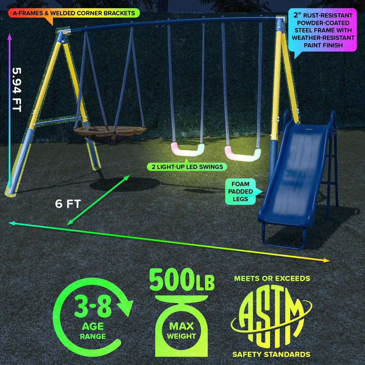 Sportspower Starlight Metal Swing Set with 2 LED Light-Up Swings, Saucer Swing & 5ft Slide – Outdoor Kids Playset with Sturdy Frame and Safety Features Sportspower