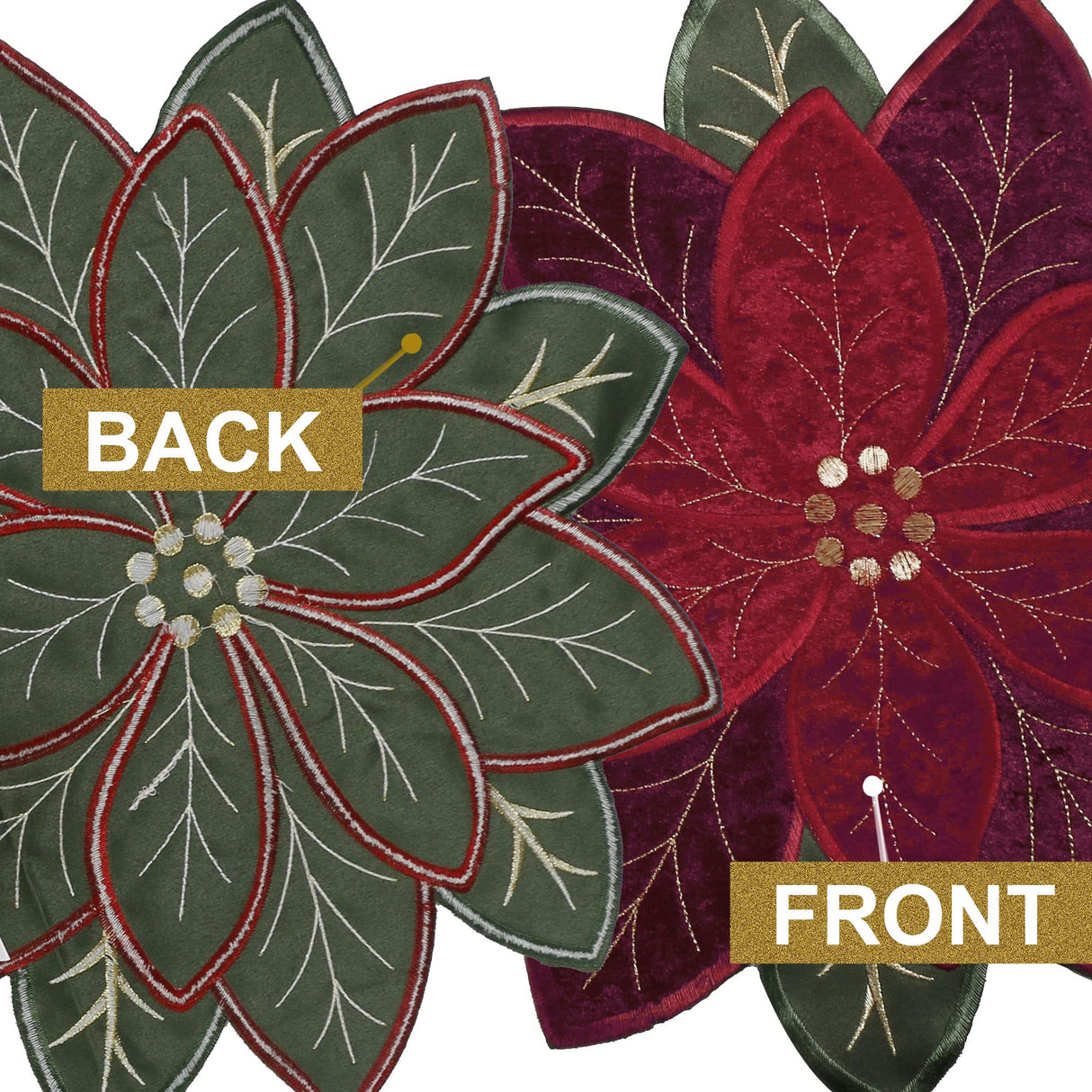 OWENIE Christmas Placemats Set of 4, Poinsettia Table Mats with Embroidered and Applique Velvet Fabric, 16 Inch x 16 Inch Diecut Placemat for XMAS Holiday Tabletop, Round Doilies for Dining Table, Red OWENIE