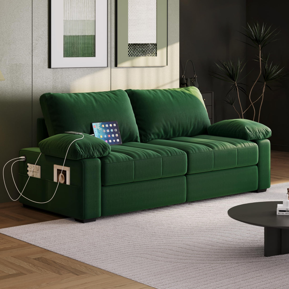 Yaheetech 79" Velvet Modern Sofa Couch with Storage Pockets and USB Ports, 2 Seater Comfy Loveseat Sleeper with Removable Armrest Pillow & Cover for Living Room, Apartment, Bedroom, Green Yaheetech