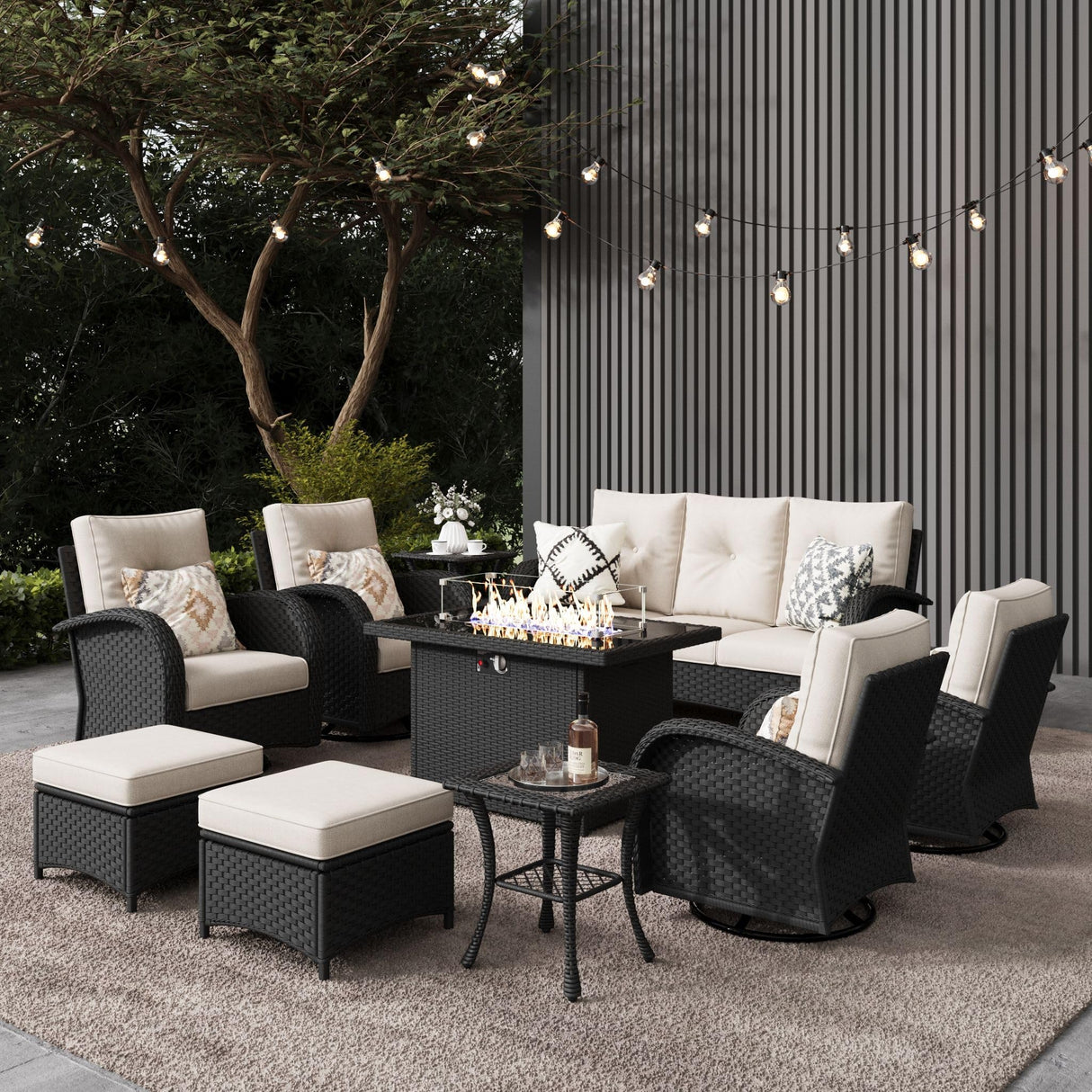 LayinSun 10 Pieces Outdoor Patio Furniture Set with Fire Pit Table, Rattan Wicker Sectional Swivel Rocker Chairs Sets LayinSun