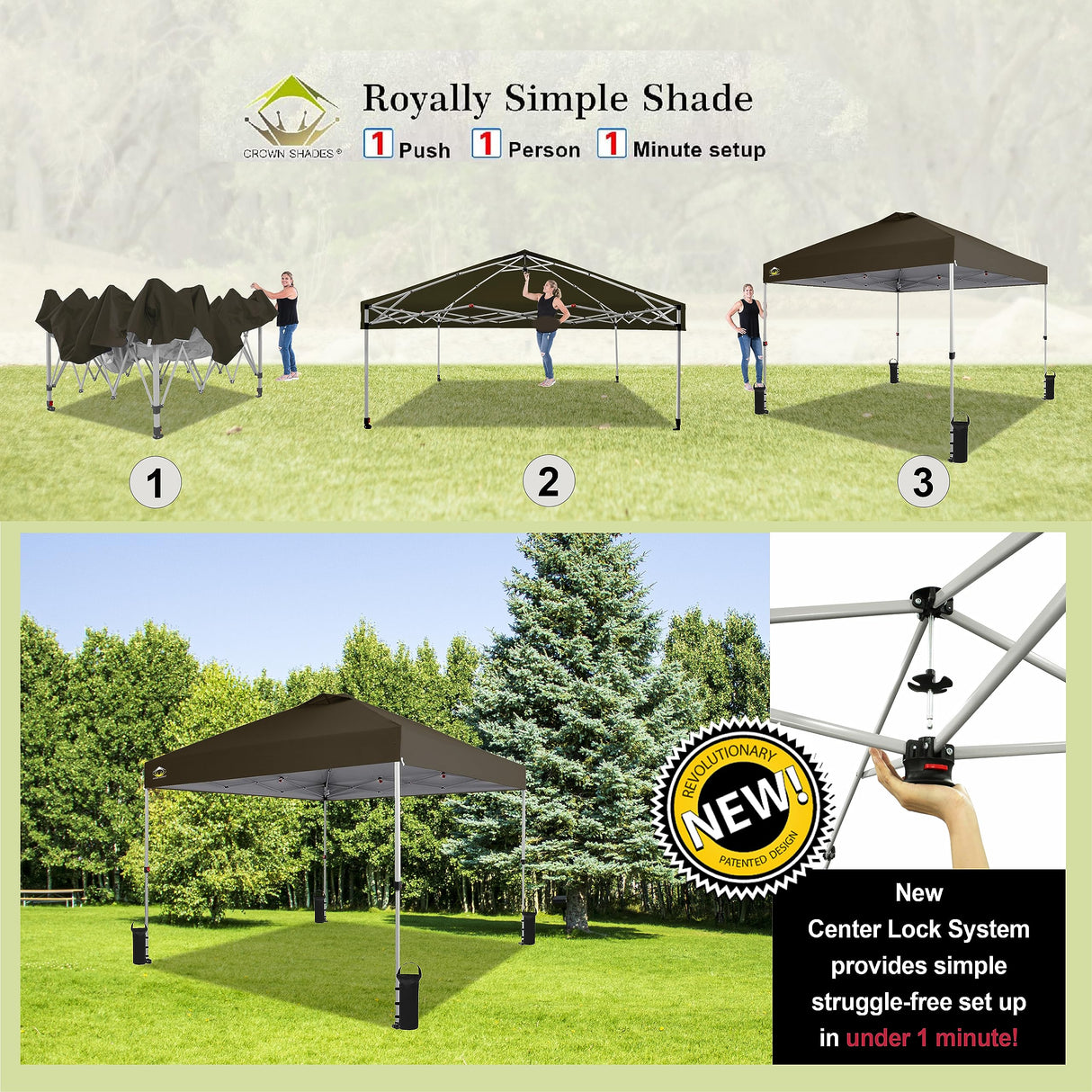CROWN SHADES 10x10 Pop Up Canopy - Beach Tent with One Push Setup - Outdoor Sun Shade for Events, Parties, Camping - Gazebo with STO-N-Go Cover Bag, Silver Coated Top, 3 Height& 4 Sand Bags, Coffee CROWN SHADES