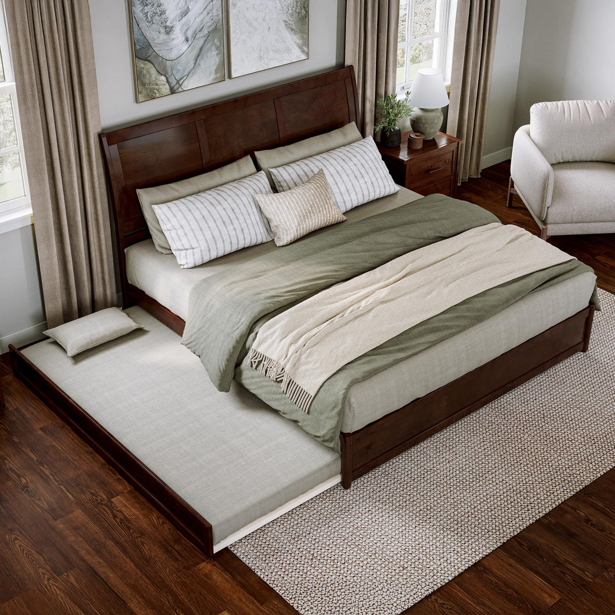 AFI, Andorra King Platform Bed with Panel Footboard & Twin XL Trundle, Walnut AFI