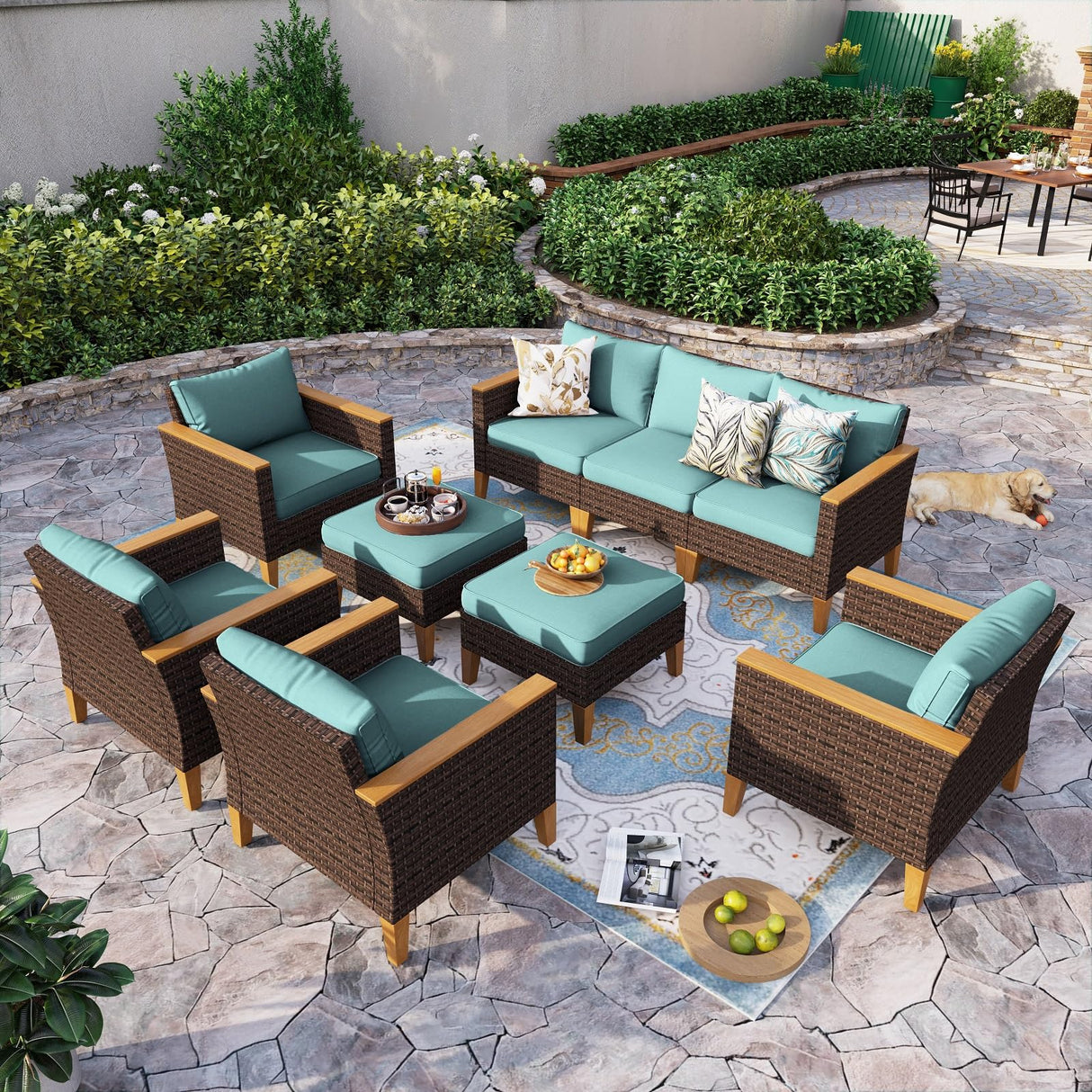 Sophia & William Patio Furniture Set 9 Piece Outdoor Wicker Furniture Sectional Sofa, Extra Large Patio Rattan Conversation Set with Ottoman for Backyard, Deck, Pool(Aqua Blue) Sophia & William