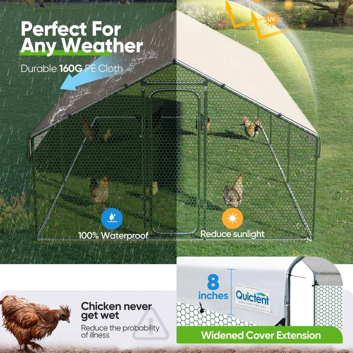 Quictent Large Metal Chicken Coop Run W/Nesting Box for 30+ Poultry with Heavy Duty Wire Mesh and Waterproof Roof Cover, Outdoor Walk-in Cage Peak Hen House for Yard Farm, 18x9x6.6FT Quictent