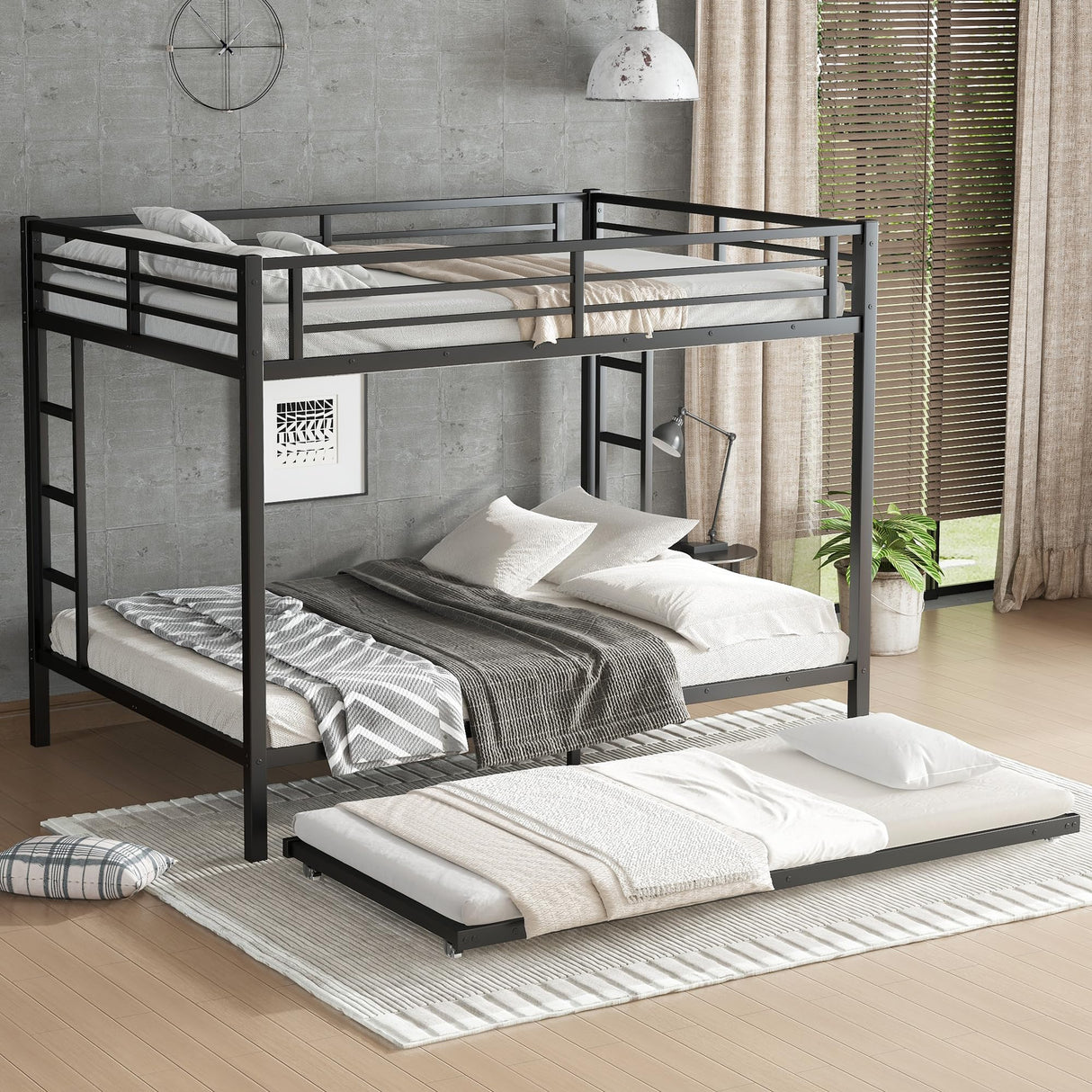 Bellemave Queen Over Queen Bunk Bed with Trundle, Heavy Duty Metal Twin Trundle Bunk Bed with Full-Length Guardrails & Ladder, Bunk Beds with Trundle for Kids, Teens, Adults, Black Bellemave