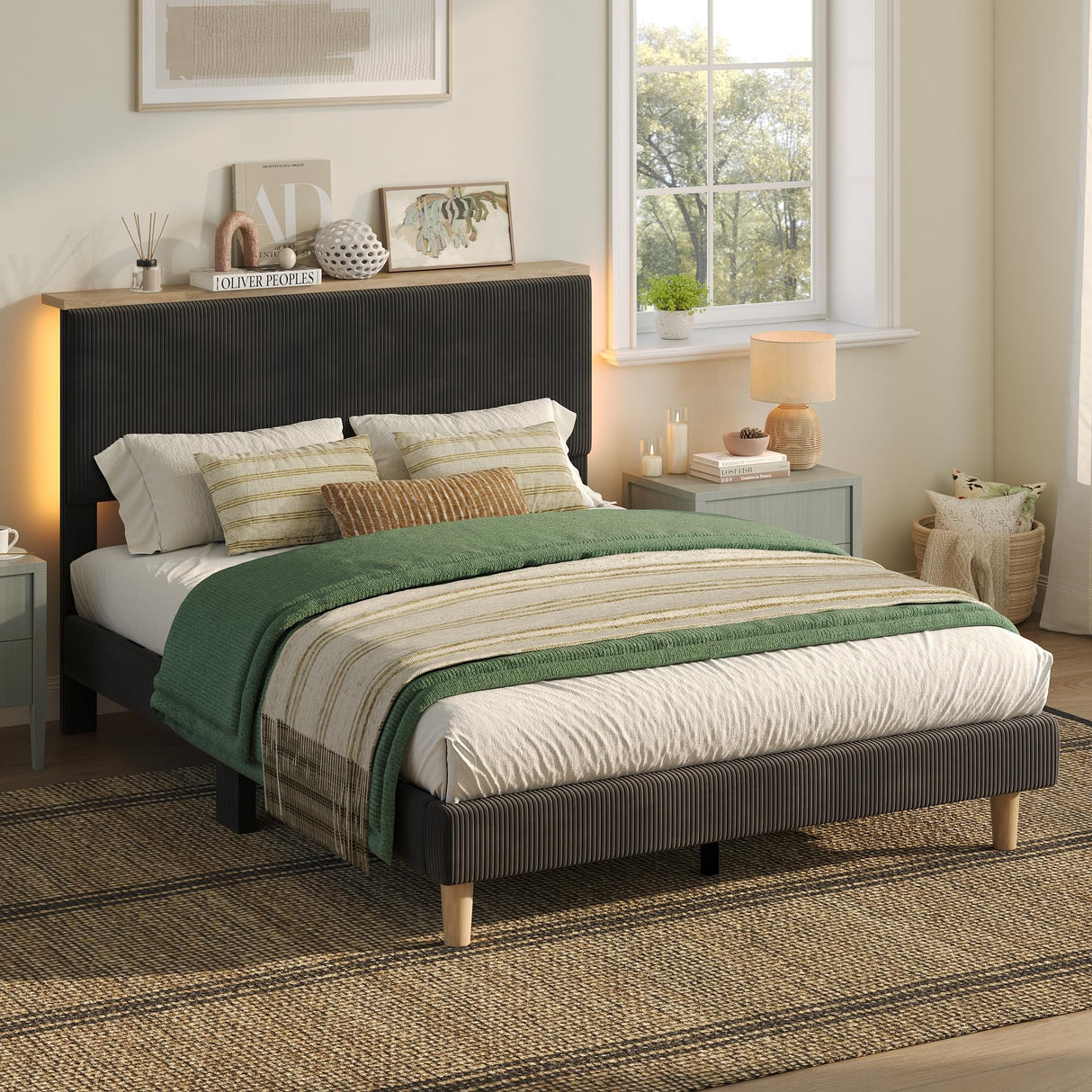 Bestier Queen Bed Frame with Adjustable Headboard & LED Lighting, Corduroy Upholstered Platform Bed Frame with Storage Shelf, Solid Wood Slats, No Box Spring Needed, Never Squeak, Easy Assembly, Black Bestier