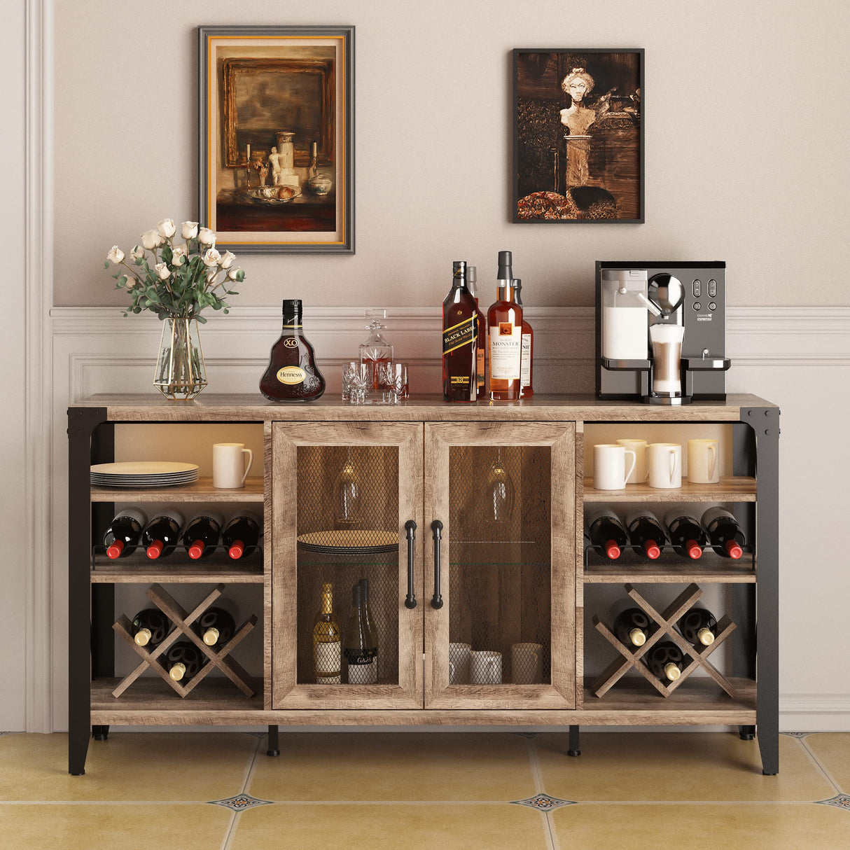 Vabches Rustic Oak Wine Bar Cabinet with LED Lights and Removable Racks for Home Living Room and Dining Room Vabches