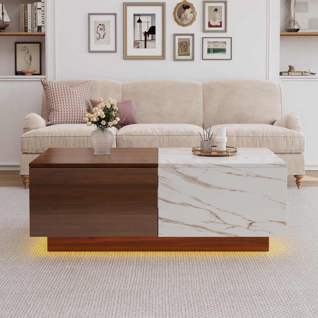 Lift Top Coffee Tables for Living Room, 43" LED Wooden Center Tables with Storage Shelf, Hidden Compartment and Drawer for Home (Walnut Grain and Marble White) Svimi