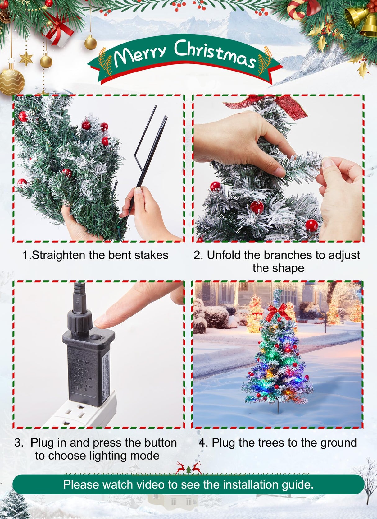 Pathway Christmas Tree, 4 Packs Each 2.5 Ft Snow Flocked Outdoor Xmas Tree Christmas Outdoor Decorations Yard Sidewalk Driveway Walkway Grave Cemetery Christmas Trees Brightown