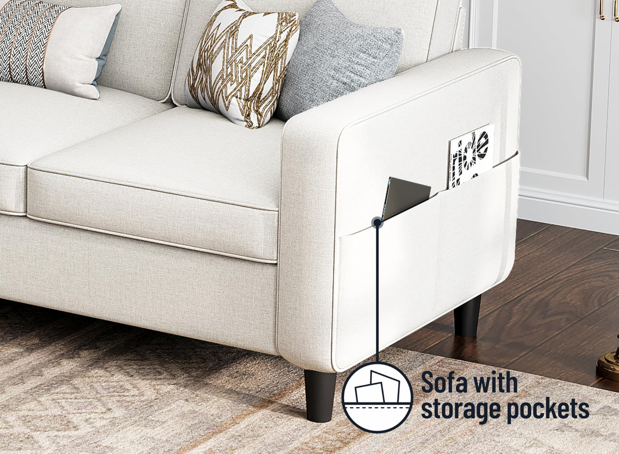 Sectional Sofas Couches for Living Room Convertible 3-Seater 78" L Shaped Couch for Small Spaces, Beige Pet-Friendly Modern Linen Fabric Sofa & Washable Covers Ideal for Apartments Studios Dorms Woyomeub