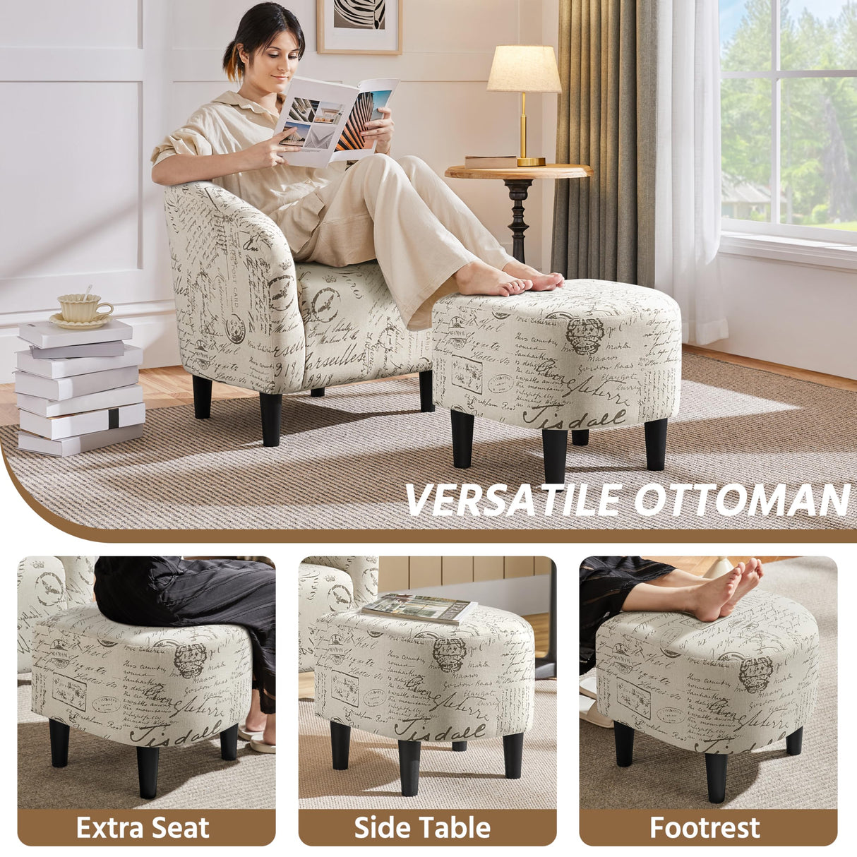 Yaheetech Modren Club Chair with Ottoman, Fabric Accent Armchair with Footstool, Upholstered Barrel Chair and Footrest for Living Room Bedroom Guestroom, Letter Print Yaheetech