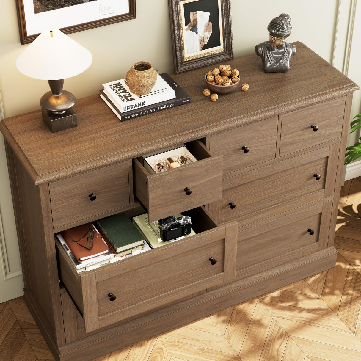 FINETONES 8 Drawer Dresser, 47.2" Chest of Drawers with Large Storage, Wood Dresser with Deep Drawers, Long Dressers & Chests of Drawers for Home Office, Walnut FINETONES