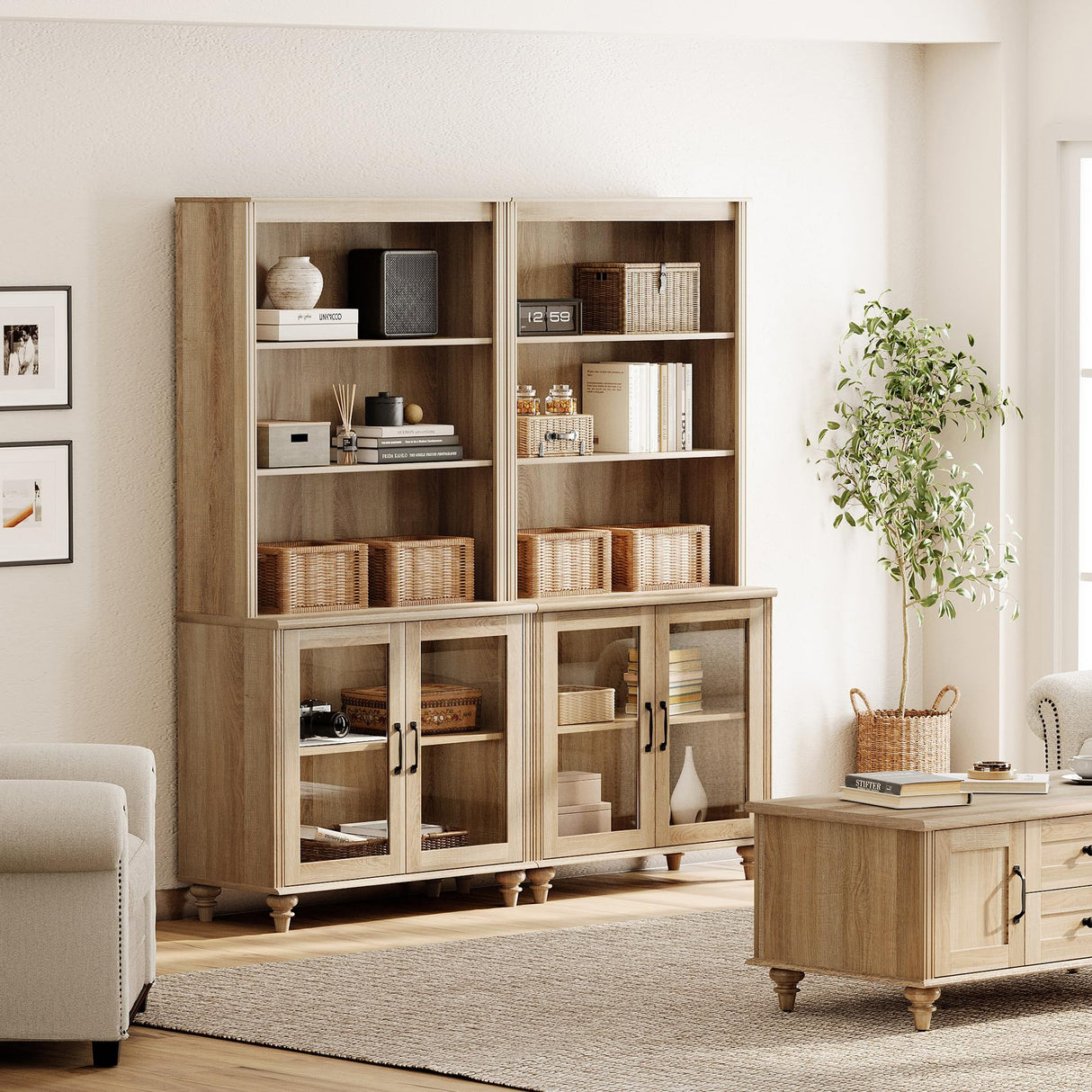 WAMPAT 5 Tier Bookshelf 72" Tall Bookcase with Glass Doors,Large Farmhouse Display Book Shelf with Adjustable Shelves and Storage Cabinet,Library Wood Bookshelves for Living Room,Kitchen, Oak(2PCS) WAMPAT