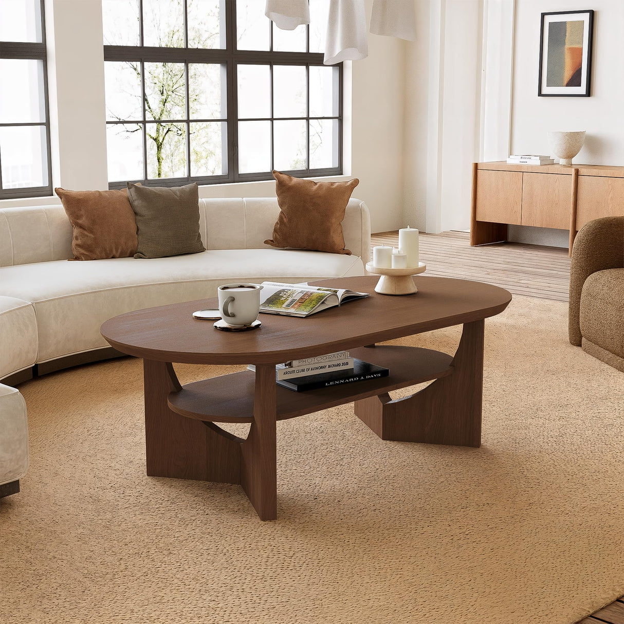 Vitalikus Mid Century Modern Coffee Table, 47" Oval Wood Coffee Tables for Living Room, 2 Tier Curved Round Center Table with Storage Shelf & Sturdy Base, Minimalist Retro Tea Tables, Walnut Vitalikus