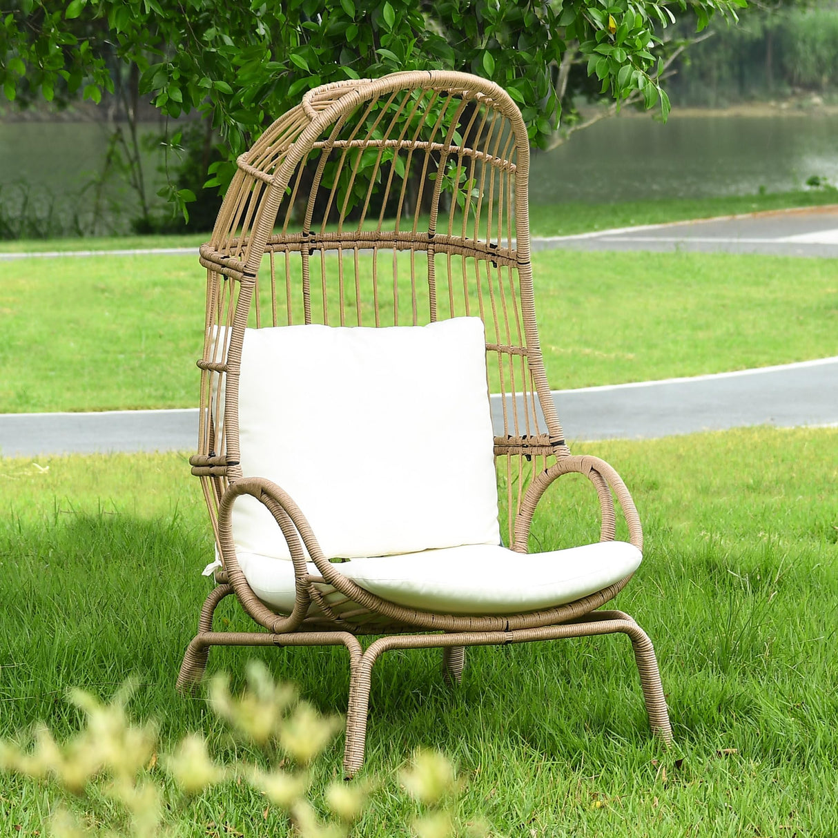 YITAHOME Outdoor Narrow Egg Chair Wicker, Patio Rattan Basket Chair with 370lbs Capacity Indoor Egg Chairs with Stand & Cushion Cocoon Chair for Bedroom, Patio, Balcony - Beige YITAHOME