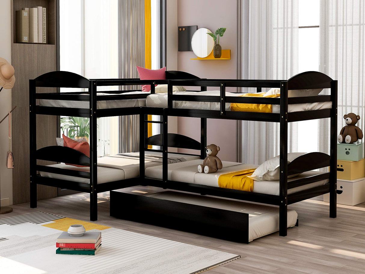 Quad Bunk Bed with Trundle, Twin Over Twin Bunk Bed for Kids, L-Shaped 4 Beds Bunk Bed Frame with Guardrails Corner Bunk Beds No Box Spring Needed (Espresso, L Shaped Bunk Bed) Harper & Bright Designs