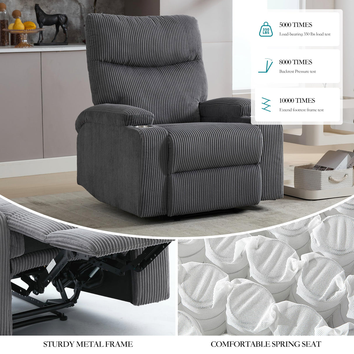 Recliner Chair, Manual Sofa-3 Comfortable Seating Positions, Ideal for Living Room, Office, RV, or Home Theater, Oversized Recliner Chairs for Adults(Dark Grey) AIWOEN