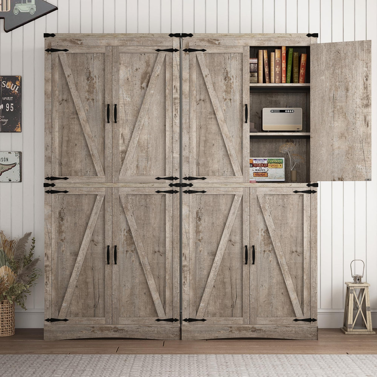 71in Farmhouse Kitchen Pantry Cabinet,Tall Storage Cabinet with 4 Doors and Adjustable shelves,with Load-Bearing Steel Pipe,Wood Storage Cabinets for Kitchen,Dining Room,Bathroom(Light Rustic Oak) chartustriable