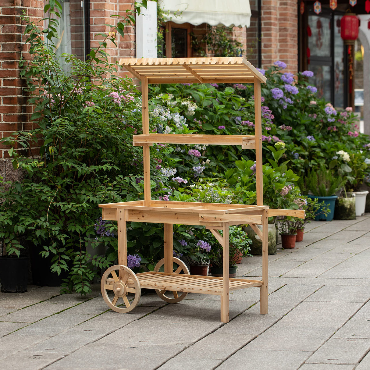 Antique Solid Wood Decor Display Rack Cart Wood Plant Stands with Wheels for Decor Display | 2 Wheeled Wood Wagon with Shelves for Plants and More Vintiquewise