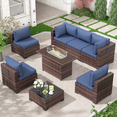 Amopatio 8 Piece Outdoor Patio Furniture Set with 44” Fire Pit Table Rattan Conversation Sectional Sets, Patio Couch with Tempered Glass Tea Table, Thickened Navy Cushions for Porch Backyard Lounge