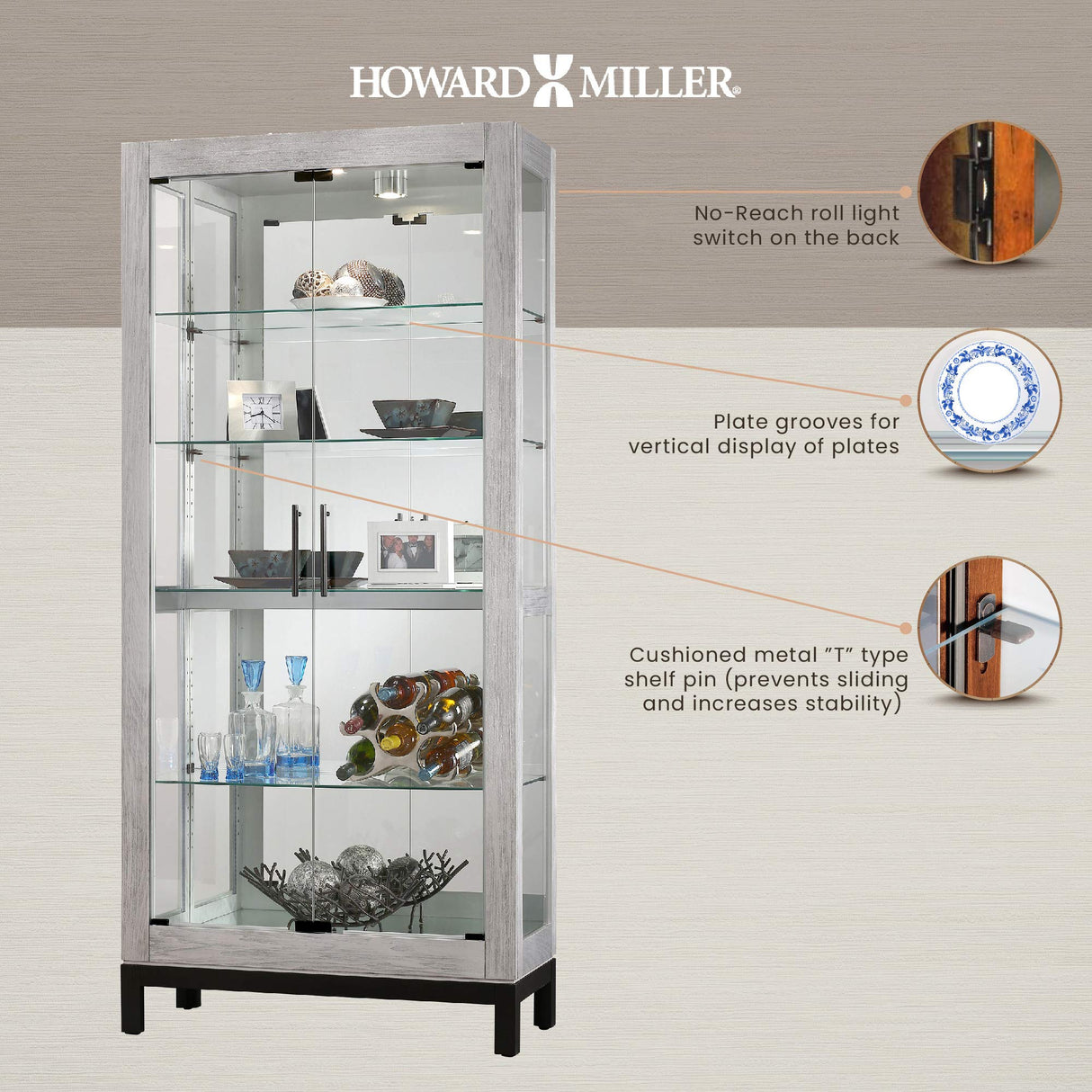 Howard Miller Quinn II Curio Cabinet 680-599 – Burnished Silver Finish Home Decor, Four Glass Shelves, Five Level Display Case, No-Reach Roller Halogen Light Howard Miller