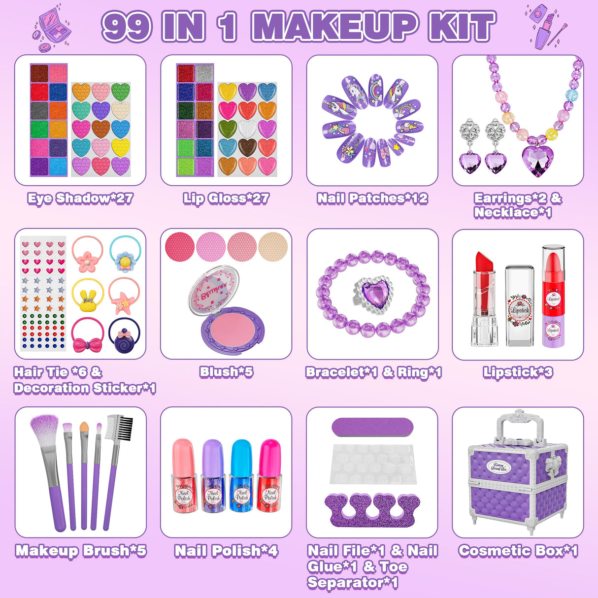 99 Pcs Kids Makeup Kit for Girls, Princess Toys Real Washable Cosmetics Set with Mirror, Hair Ties, Nails, Rings, Earrings, Necklace, Perfect for 3 4 5 6 7 8 Year Old Girls Birthday Kuovei
