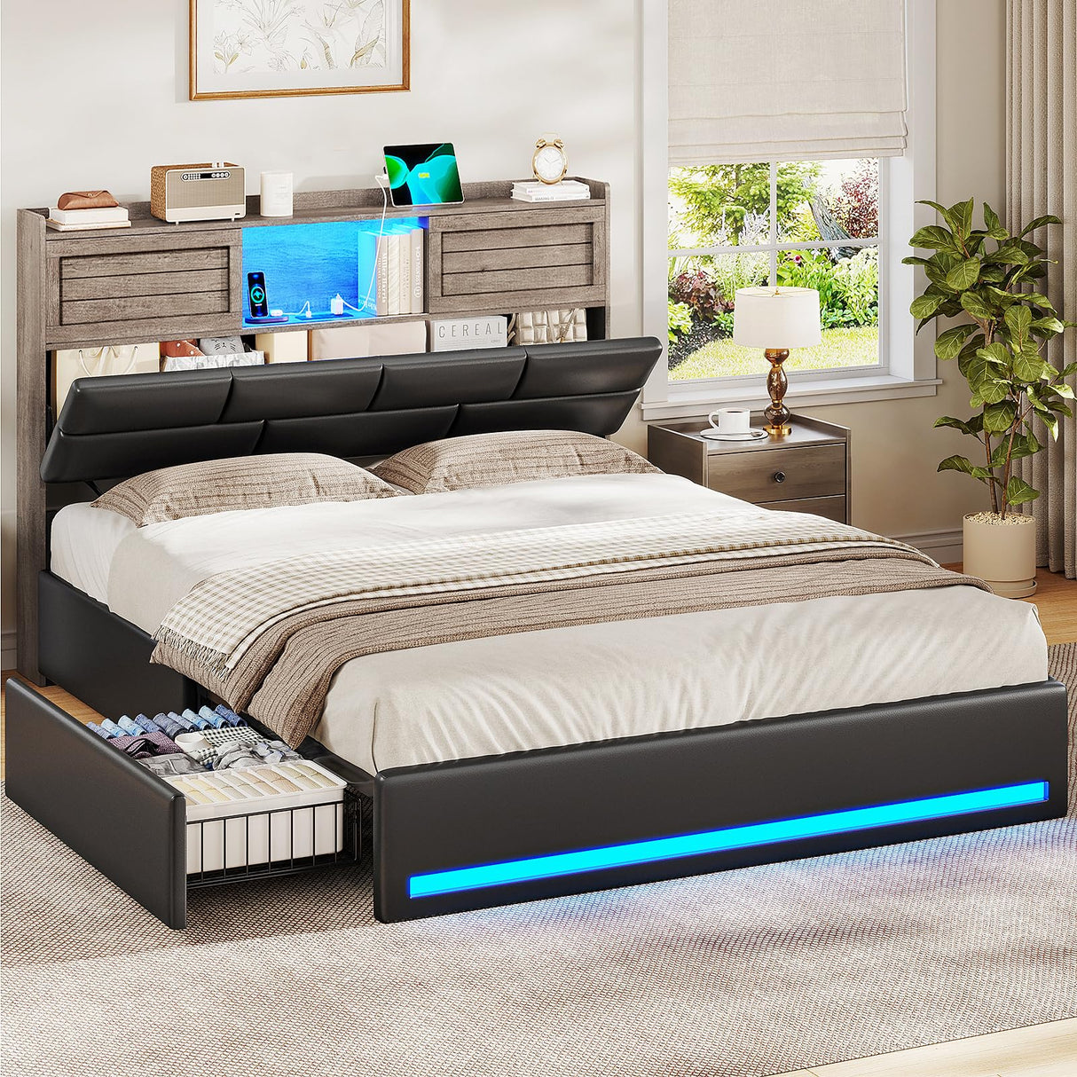 MSmask Queen Bed Frame with Bookcase Headboard and Sliding Doors, Upholstered LED Bed Frame Queen Size with Charging Station, 4 Storage Drawers, No Box Spring Needed, Black & Grey MSmask