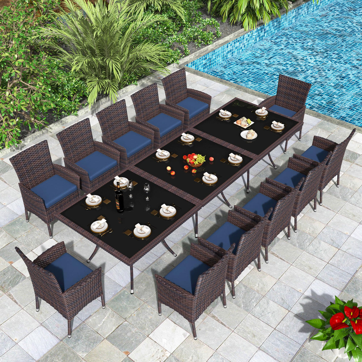 Trumbeak 15 Piece Outdoor Dining Set,Rattan Patio Conversation Set of 12 Chairs,Patio Dining Table and Chairs w/Cushions,Square Glass Tabletop,Umbrella Cutout for Patio,NavyBlue Trumbeak