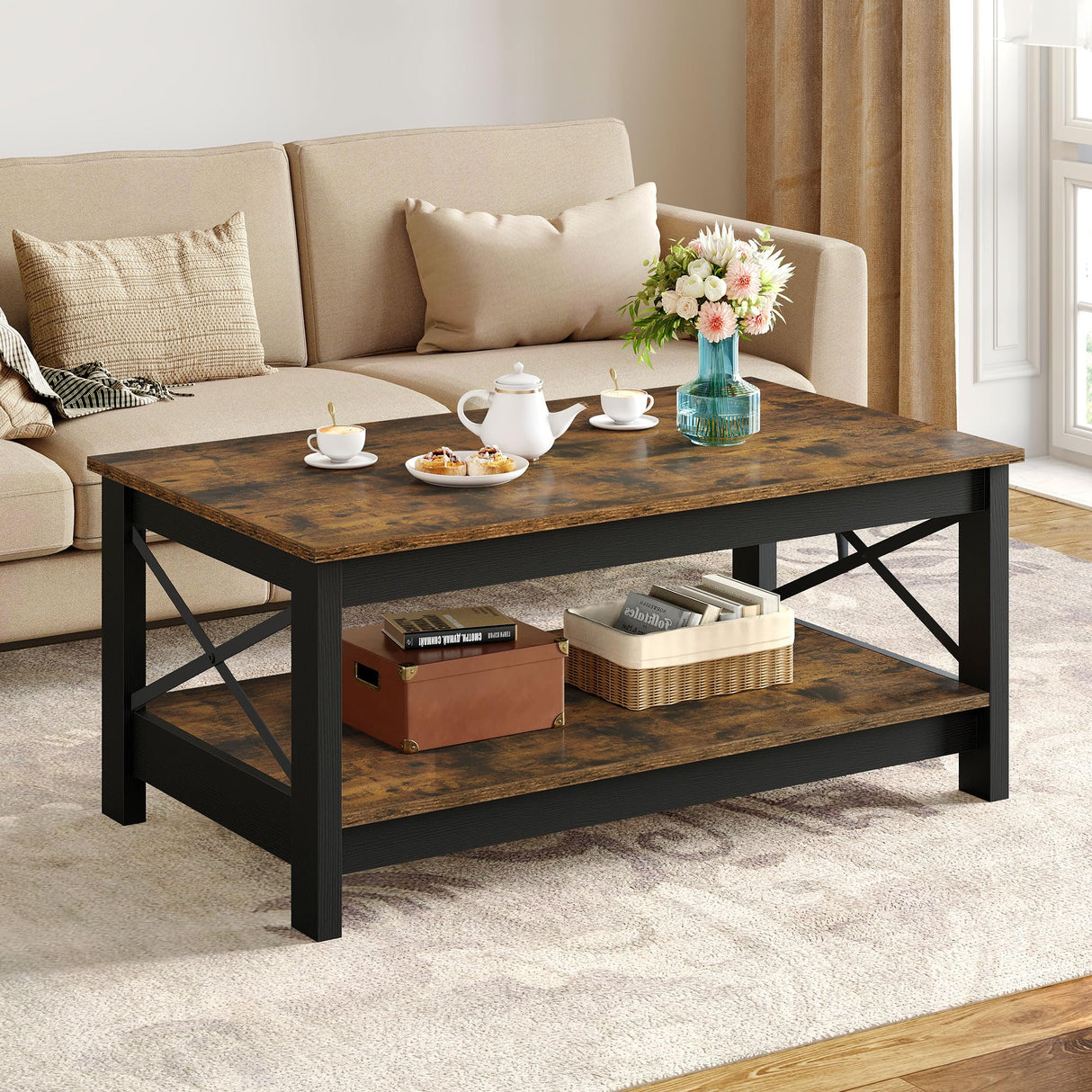 YITAHOME Coffee Table for Living Room,Modern Farmhouse Coffee Table with Storage,2-Tier Center Table for Living Room Wood Living Room Table Accent Cocktail with Sturdy Frame,Rustic Brown YITAHOME