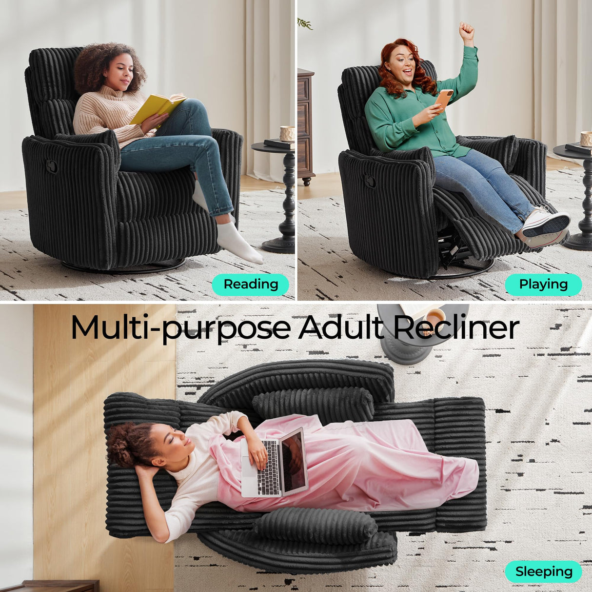 LINSY 360 Swivel Recliner Chair - Corduroy Nursery Glider Rocking Chair with 2 Pillows, Comfy High Back Adult Recliner for Small Spaces, Nursery Bedroom Living Room Reclining (Black) LINSY