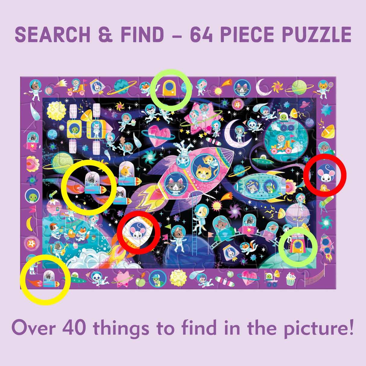 Mudpuppy Cosmic Dreams – 64 Piece Search & Find Jigsaw Puzzle Featuring Cats in A Whimsical Outer Space Wonderland and Over 40 Hidden Images to Find Mudpuppy